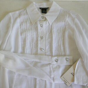 NWT Adolfo sheer white collared pintuck tunic blouse crystal buttons size M